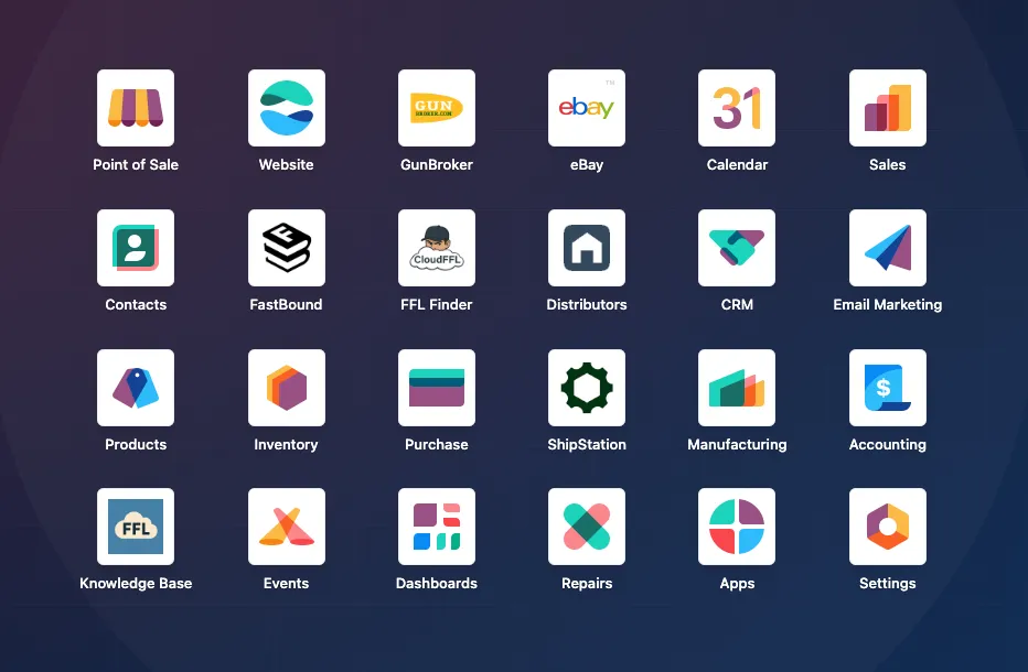 CloudFFL OS application launcher with inventory, sales, accounting, FastBound, and marketplace tools