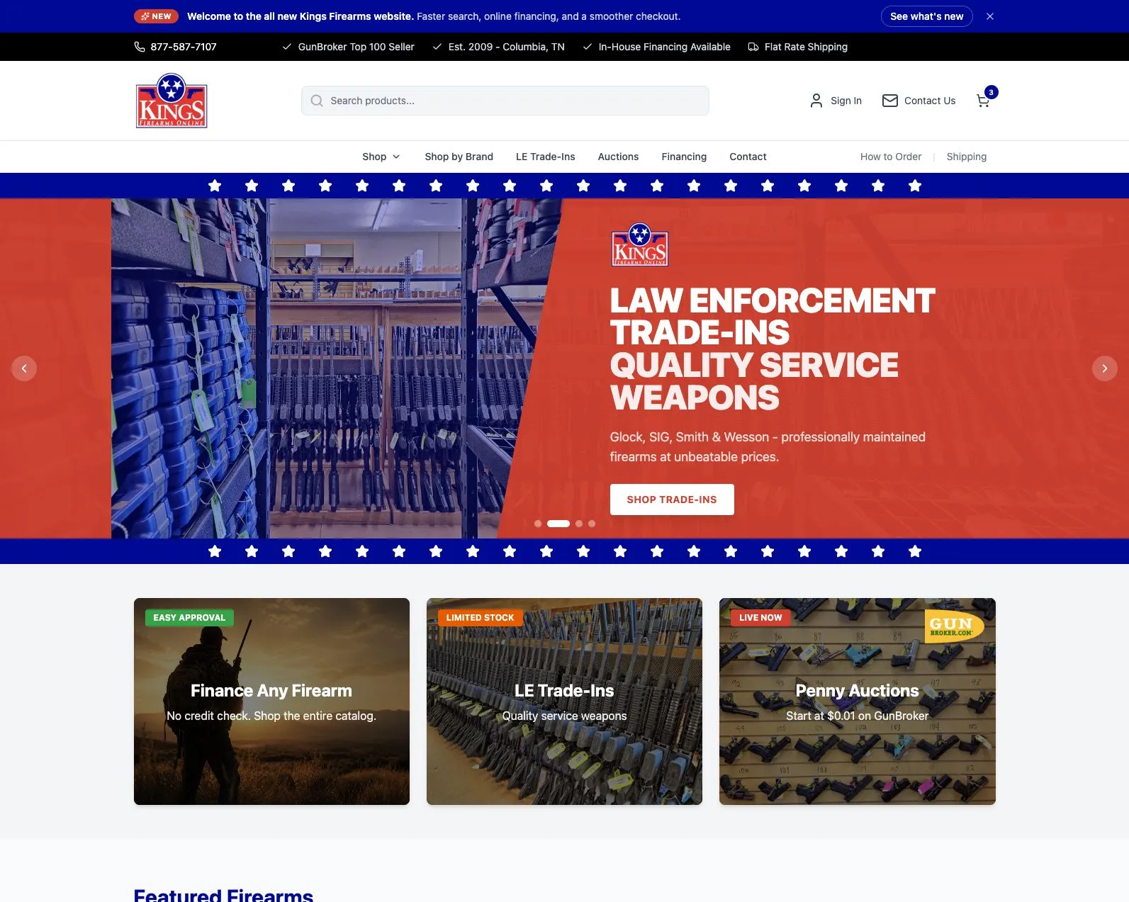 Kings Firearms Online storefront with product search, category navigation, and trade-in merchandising