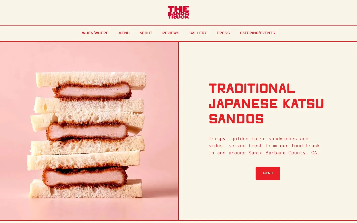 The Sando Truck homepage with a stacked katsu sandwich photo beside the headline Traditional Japanese Katsu Sandos